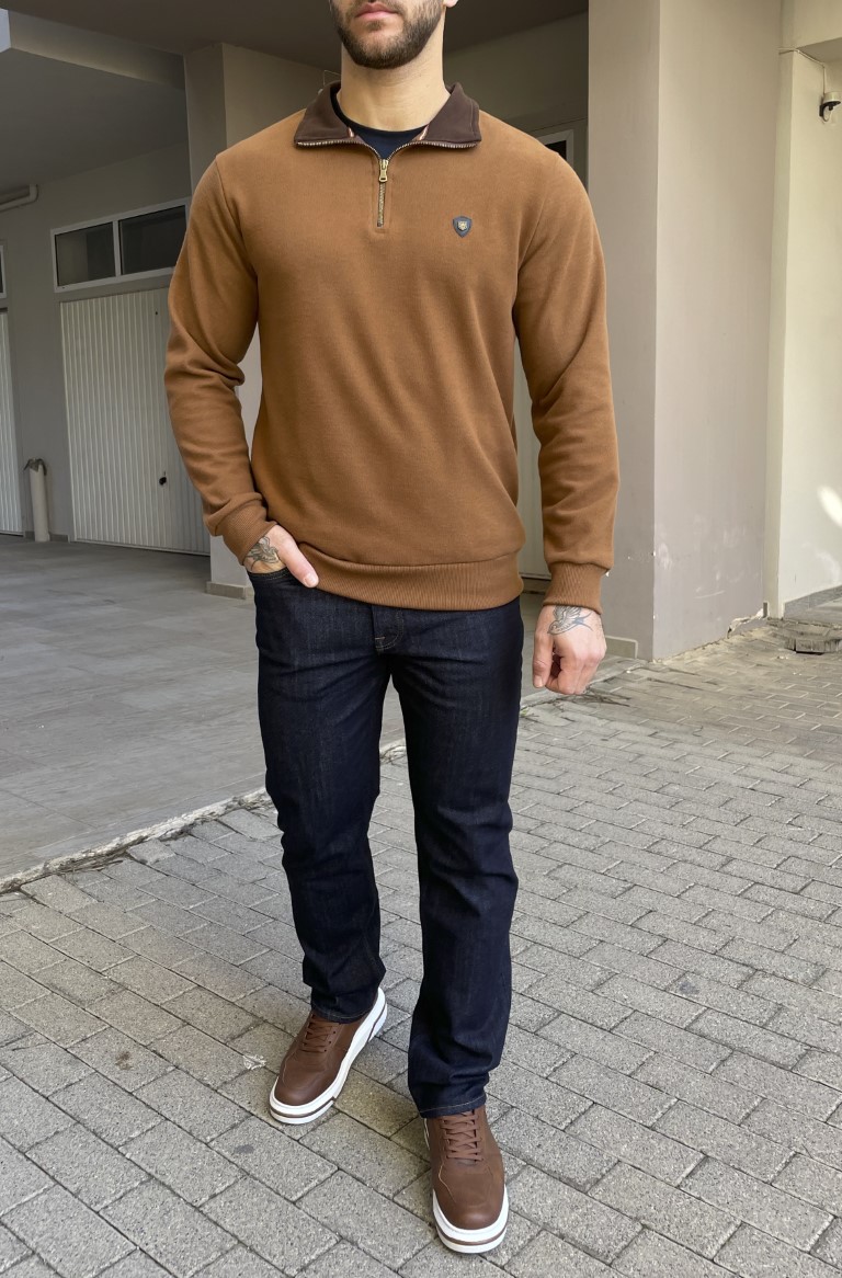 Everbest Ανδρική κάμελ ριπ με βελούδινη υφή μπλούζα με γιακά και φερμουάρ 251040 φωτογραφία